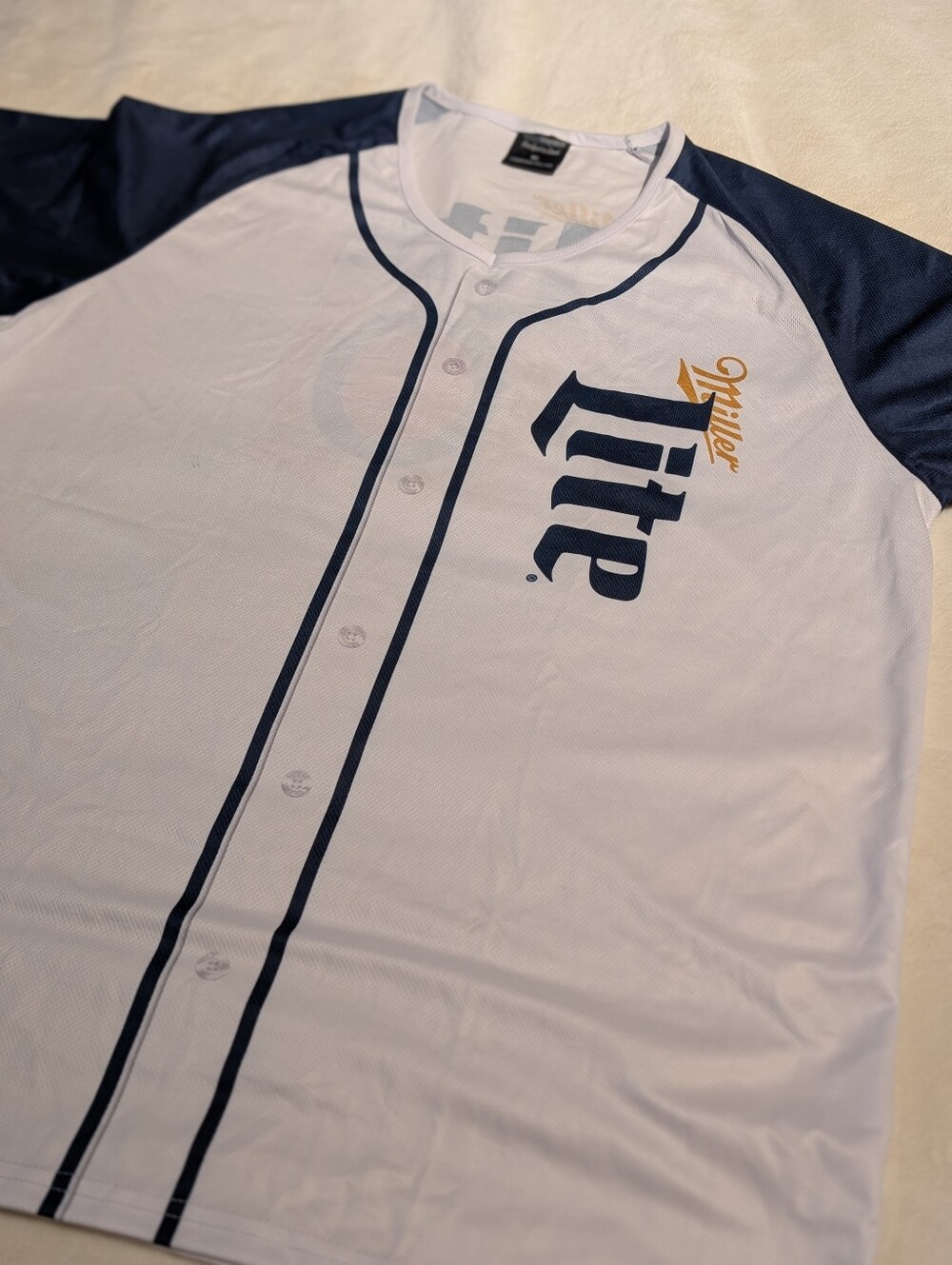 Men's White & Navy Miller Lite Baseball Jersey Tee. Xl